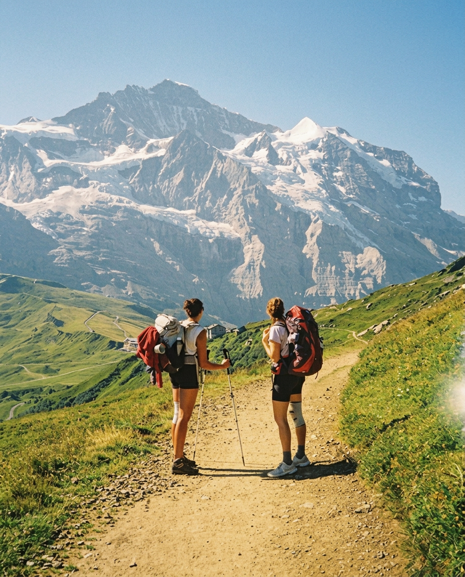 A small group hiking together in the mountains