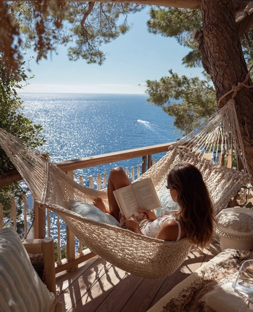 A hammock looking out over a calm blue sea